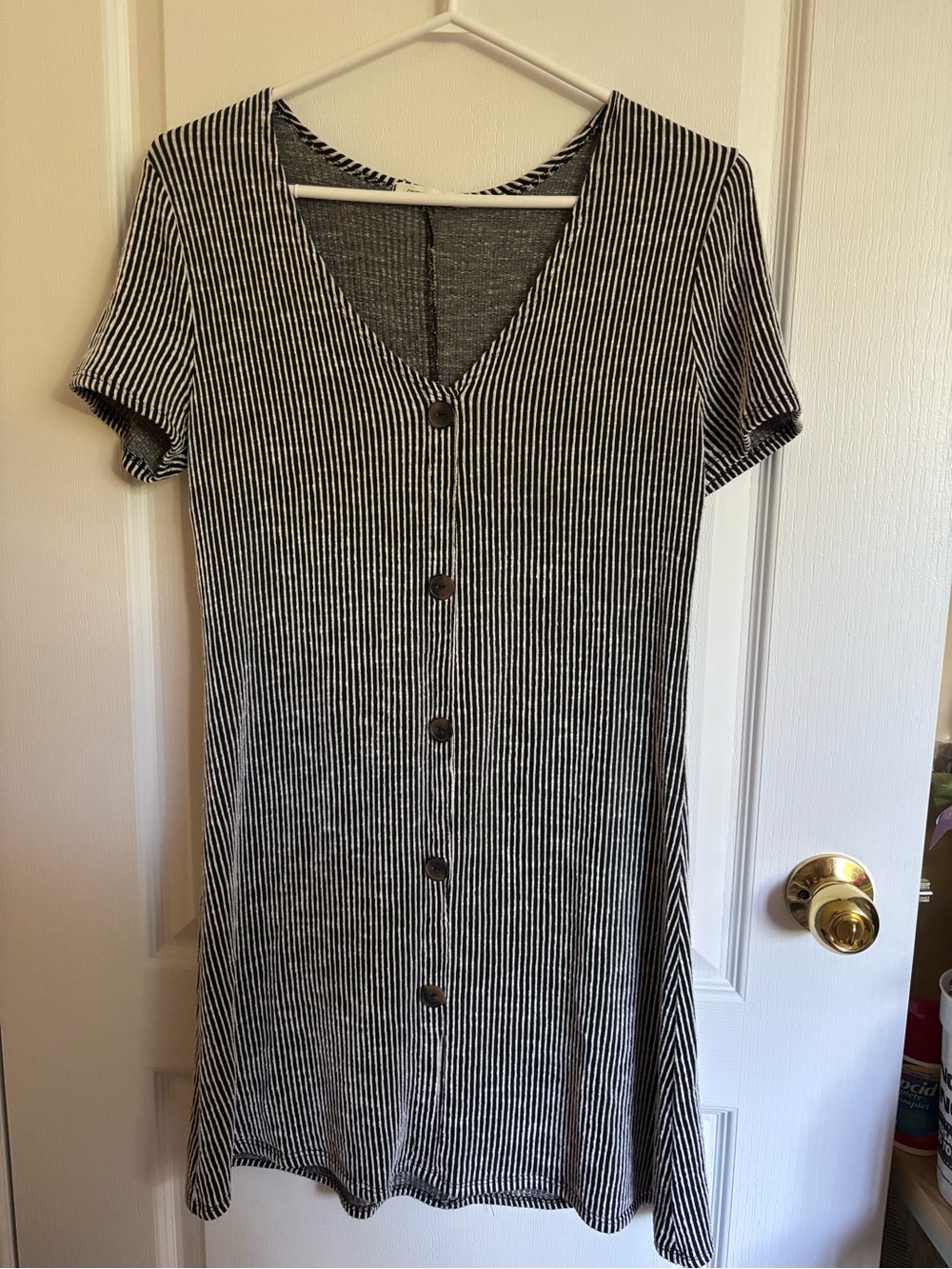 Caution To The Wind Black and White Striped Button-Front V-Neck Mini Dress